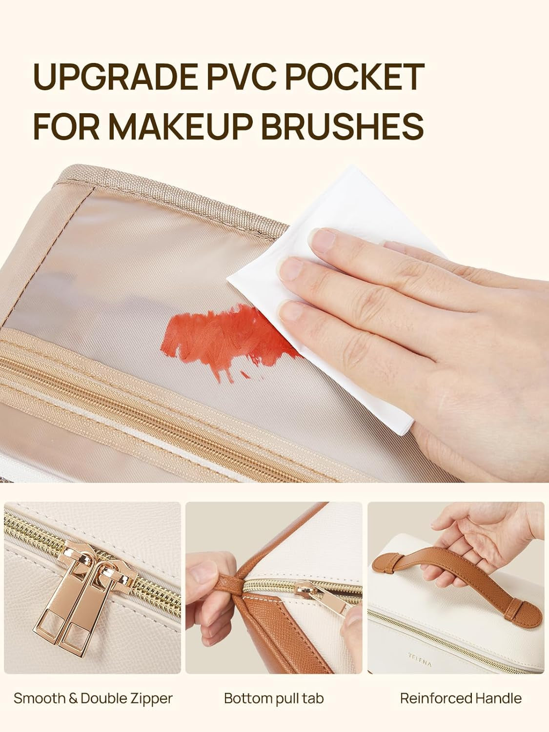 Makeup Bag Large Capacity Travel Cosmetic Bag Portable PU Leather Water Resistant Makeup Organizer Bags for Women with Handle and Divider Open Flat Beige with Brown